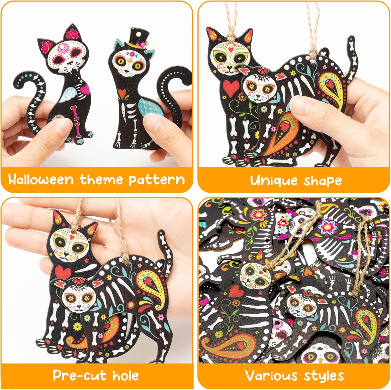 WATINC 31pcs Day of the Dead Cat Skeleton Wood Hanging Ornament