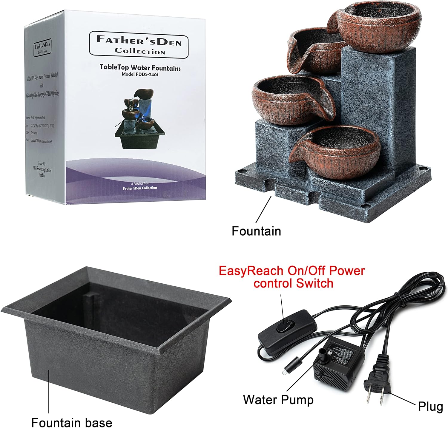 Fathers Den Tabletop Water Fountain with LED Lights and Calming Sounds