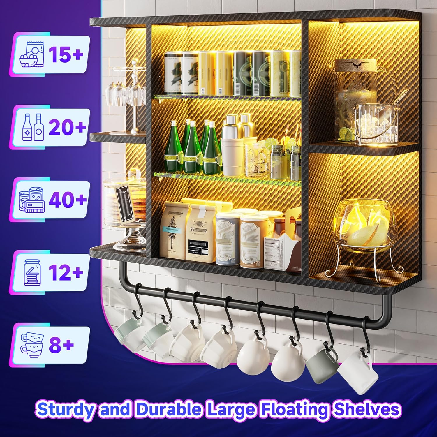 REIBII Gaming Floating Shelves with LED Lighting and Adjustable Glass