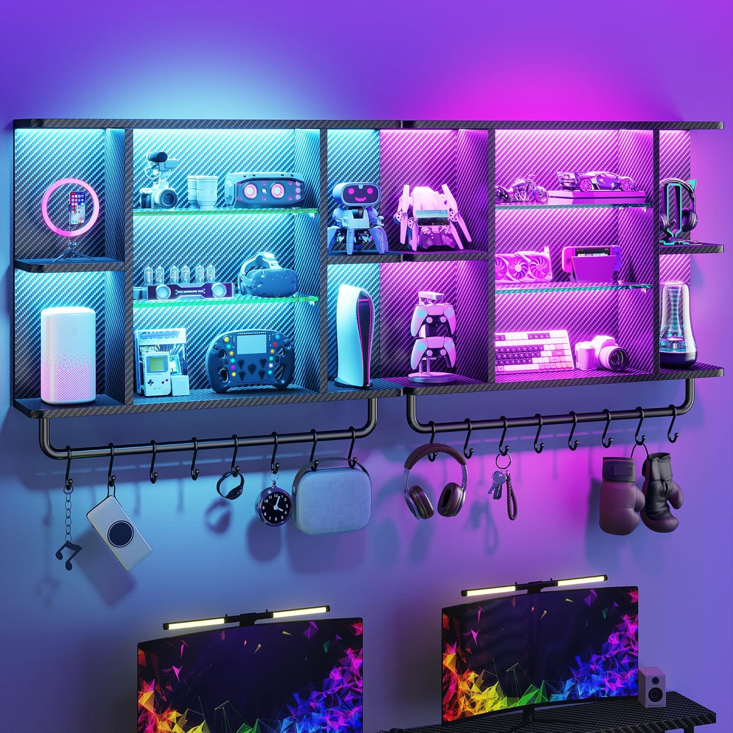 REIBII Gaming Floating Shelves with LED Lighting and Adjustable Glass