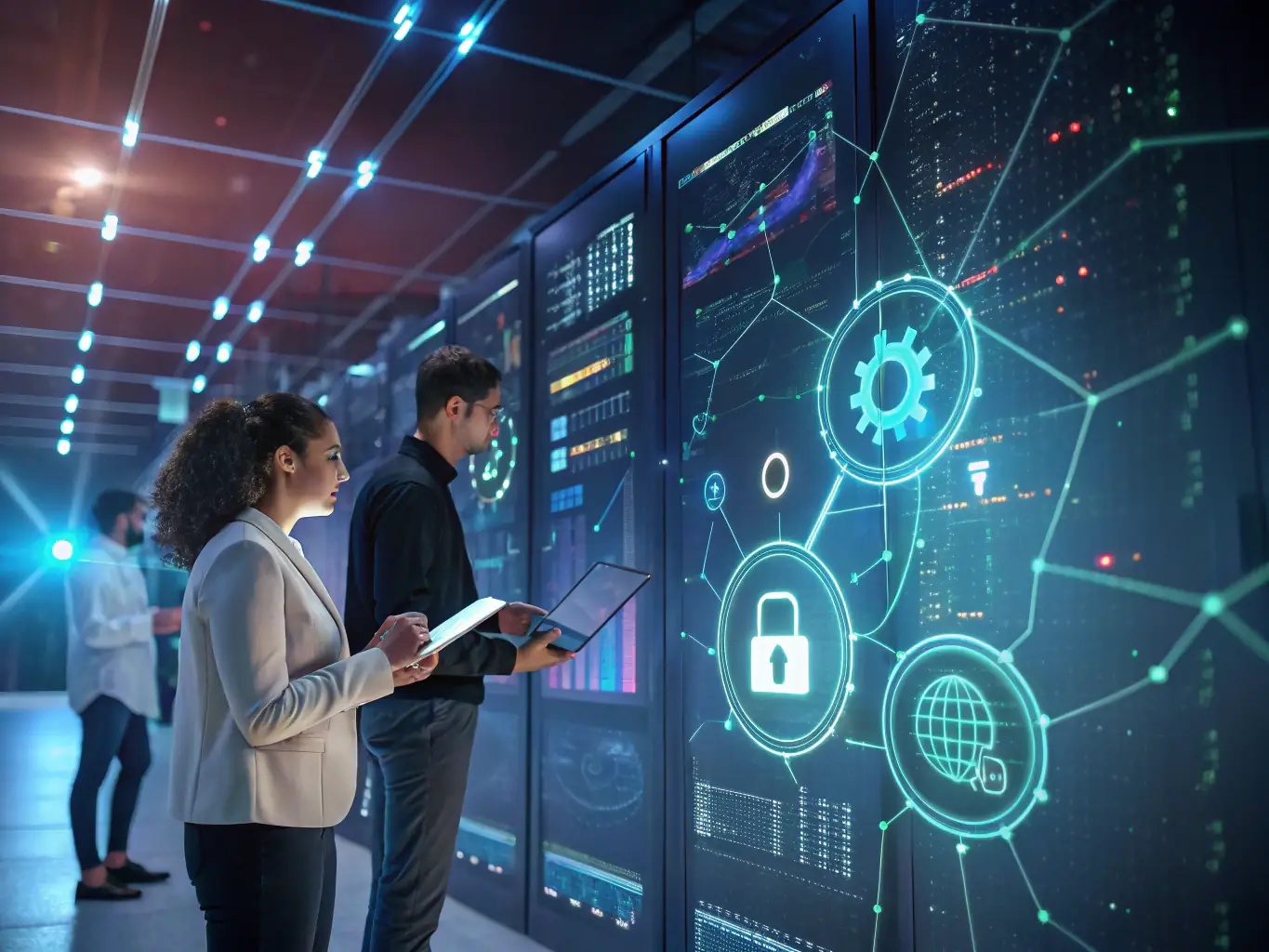 A professional graphic designer is creating a visual representation of blockchain technology, emphasizing its security and transparency features. The image should convey trust and reliability.